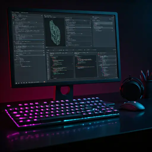Development workstation showing game production tools